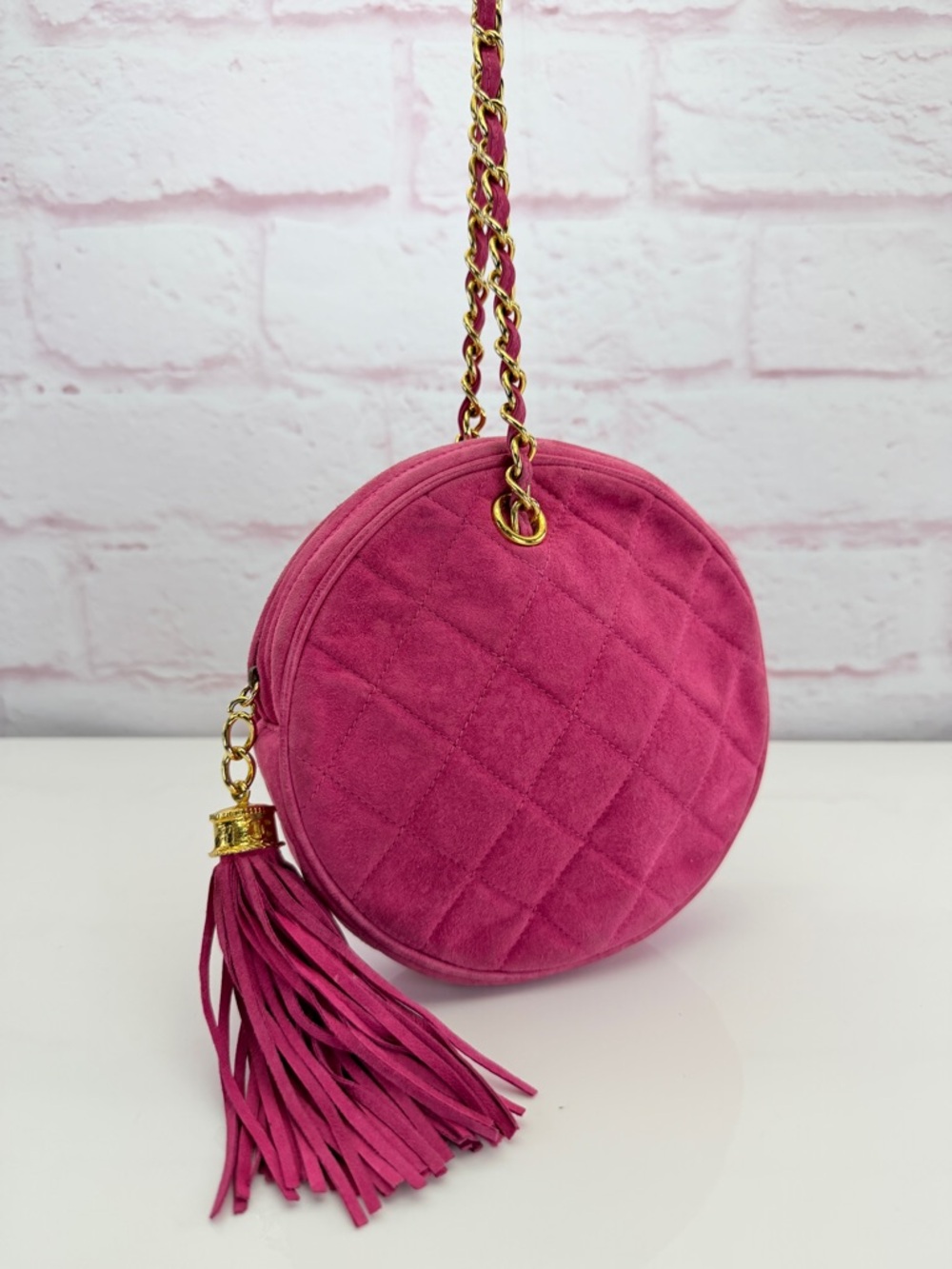 Chanel Hot Pink Quilted Suede Round Clutch on Chain